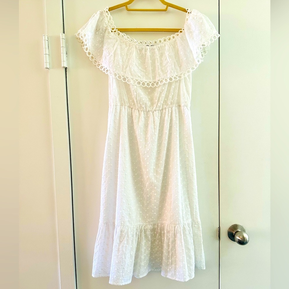 White eyelet off-shoulder lined midi dress, new and never worn, Greek designer